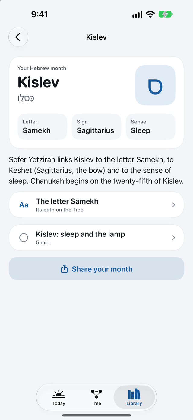 The Kislev month page with its letter Samekh, sign Sagittarius and sense sleep from Sefer Yetzirah, and a five-minute month lesson