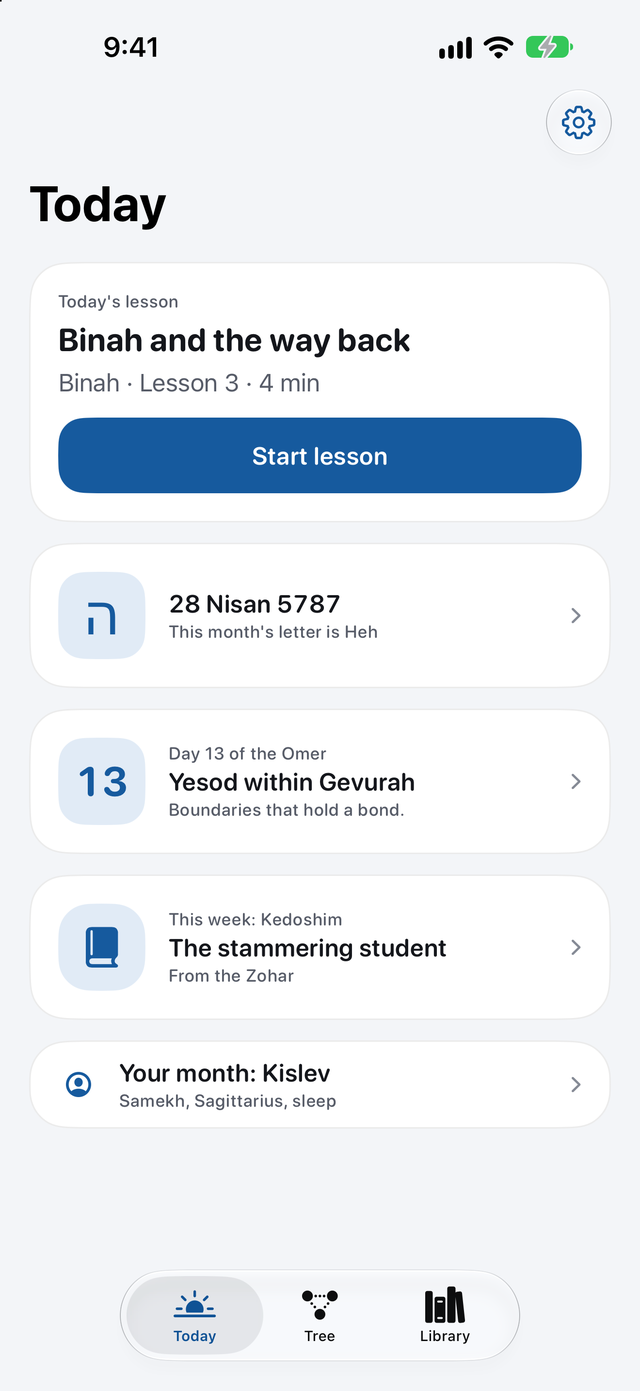 The Today screen with the lesson Binah and the way back, the Hebrew date 28 Nisan 5787, day 13 of the Omer, this week's Zohar reading and the month of Kislev